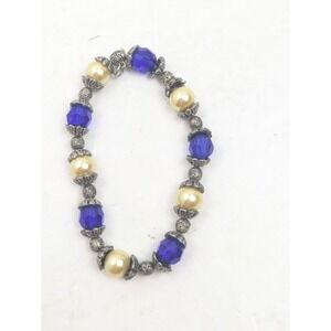 Vintage Beaded Stretch Bracelet Blue Glass & Faux Pearl‎ Silver-Tone Accents 7"